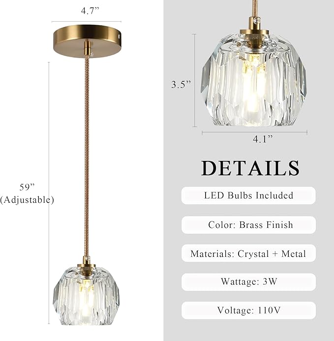Modern Small Chandelier Light Fixture, Brass 1 Light Hanging Lights, Raindrop Clear Crystal Pendant Lighting for Kitchen Island Living Room Entryway Bedroom Dining Room
