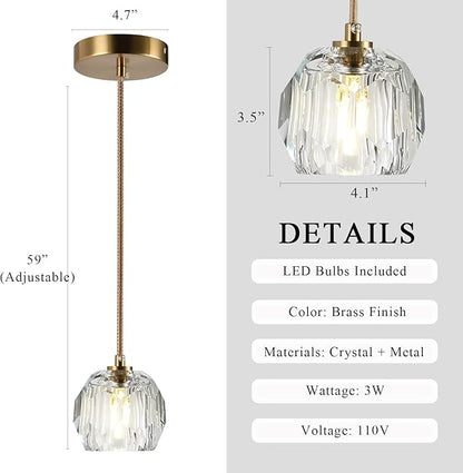 Modern Small Chandelier Light Fixture, Brass 1 Light Hanging Lights, Raindrop Clear Crystal Pendant Lighting for Kitchen Island Living Room Entryway Bedroom Dining Room