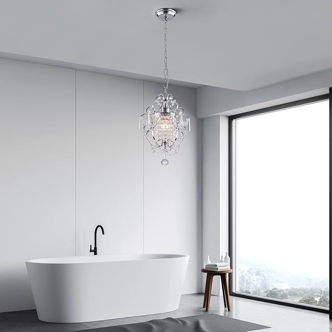 Mini Chandelier Light Fixture,Modern Chrome Crystal Ceiling Light Fixtures 1 Light Small Chandeliers for Bathroom,Farmhouse Pendant Lighting for Girls Room Dining Room Closet Kitchen Island