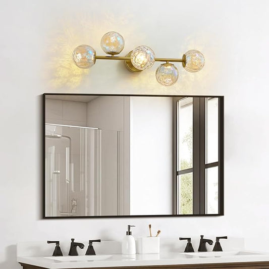 Gold LED Bathroom Vanity Light: 5-Light Stained Hammered Glass Colorful Globes Brass Vanity Lights Fixture over Mirror for Bath Room Makeup - Unique Mid Century Modern Brushed Gold Entryway Wall Light