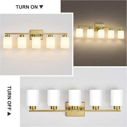 FonmYim Brushed Gold Bathroom Light Fixtures, 5-Light Modern Vanity Light Over Mirror, Wall Sconces with Milky White Frosted Glass Shades, E26 Socket (Bulbs Not Included)