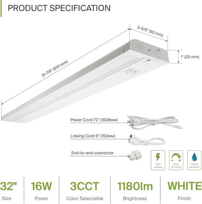 ASD Swivel LED Under Cabinet Lighting Plug in or Hardwired 32 Inch, Dimmable Under Cabinet Lights with High/Low/Off Switch, 3CCT 2700K-4000K, Linkable Under Counter Lights for Kitchen, White, ETL