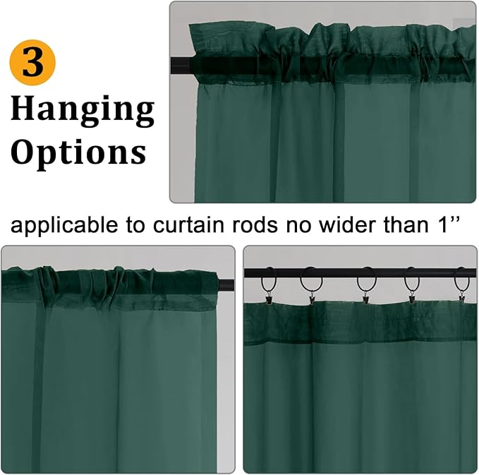 Gwine Hunter Green Sheer Curtains for Living Room 45 inches Long, Short Voile Light Filtering Window Treatments Sheer Curtains for Bedroom, Half Window Drapes with Rod Pocket, Each 42" Wx45 L