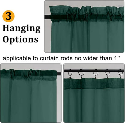 Gwine Hunter Green Sheer Curtains for Living Room 45 inches Long, Short Voile Light Filtering Window Treatments Sheer Curtains for Bedroom, Half Window Drapes with Rod Pocket, Each 42" Wx45 L