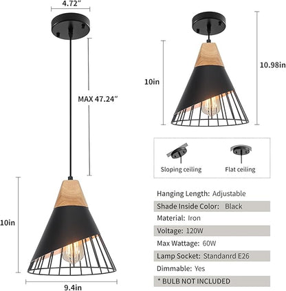 Black Pendant Light, 1 Pack 9.4inch Modern Pendant Lights, Farmhouse Pendant Light, Kitchen Pendant Lighting, Black Pendant Lights Kitchen Island for Living Room, Bar, Bedroom, Office