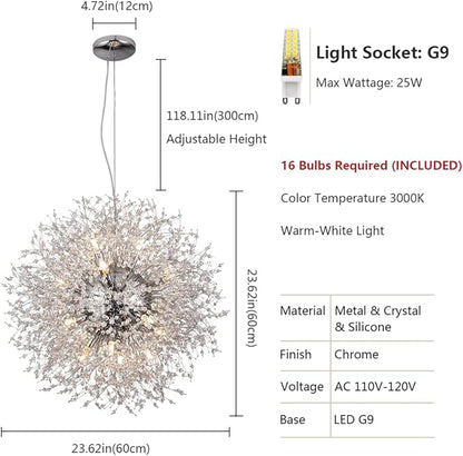 Crystal Chandeliers Dandelion, 16-Light Chrome Stainless Steel Firework Chandeliers for Living Room, 23.6" Modern Chandelier Light Fixture for Bedroom Foyer