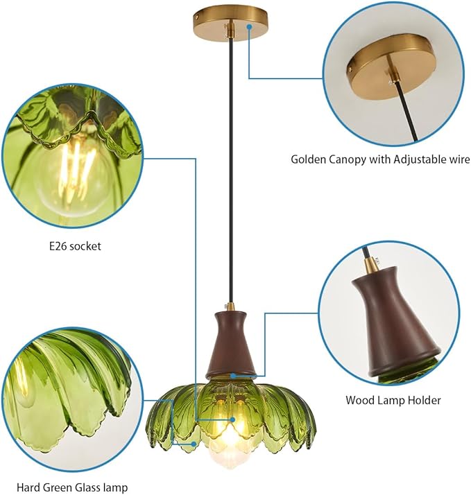 YLONG-ZS Glass Pendant Light,Pendant Lights Kitchen Island,Modern Green Glass Flower Pendant Light, Walnut Wood Vintage Kitchen Hanging Lights for Kitchen Island Dining Room Living Room Bedroom Hotel