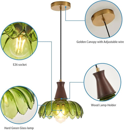 YLONG-ZS Glass Pendant Light,Pendant Lights Kitchen Island,Modern Green Glass Flower Pendant Light, Walnut Wood Vintage Kitchen Hanging Lights for Kitchen Island Dining Room Living Room Bedroom Hotel