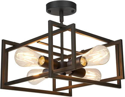 FadimiKoo Industrial 4-Light Semi Flush Mount Ceiling Light Fixture, Farmhouse Metal Black Close to Ceiling Lamp for Kitchen Island Bedroom Hallway, Modern Rectangle Frame