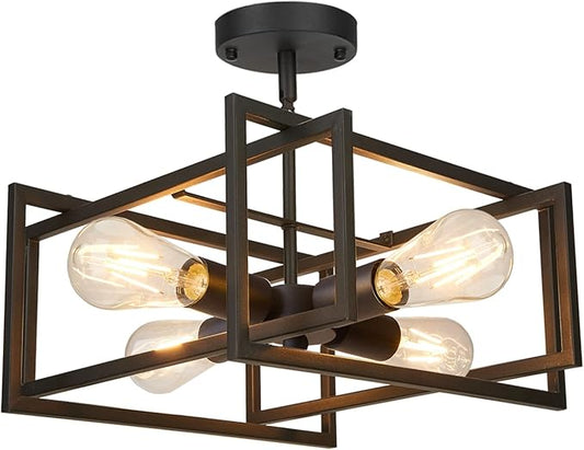 FadimiKoo Industrial 4-Light Semi Flush Mount Ceiling Light Fixture, Farmhouse Metal Black Close to Ceiling Lamp for Kitchen Island Bedroom Hallway, Modern Rectangle Frame