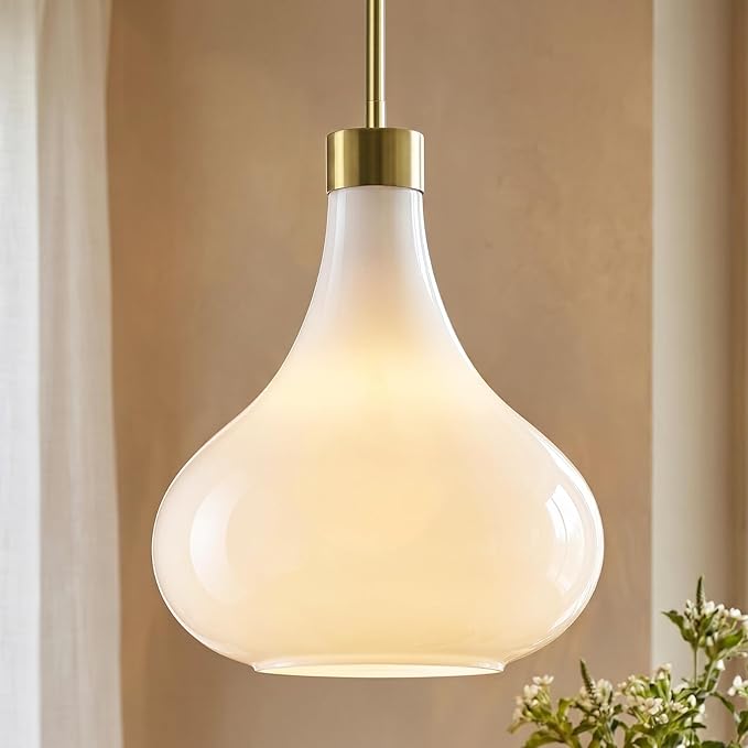 Modern Glass Pendant Light 9.44 in MilkyLuster Glass Shade Gold Farmhouse Island Pendant Lights for Kitchen Pendant Lighting Over Sink Bedroom Dining Room