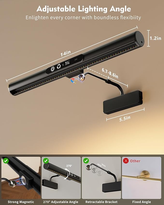 Skairipa Picture Light for Wall, 6000mAh Rechargeable Wireless Wall Lights, 13'' Dimmable Remote Magnetic LED Art Painting Light with 3 Color Temps, Display for Gallery, Living Room (Black, 1Pack)