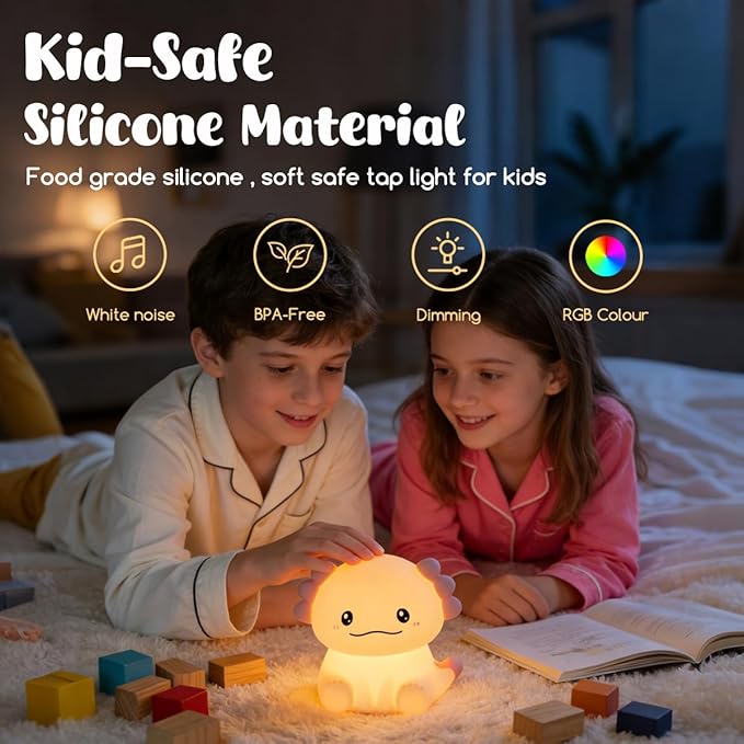 Cute Axolotl Night Light for Kids, 3 Adjustable Brightness Levels & 6 White Noise Sounds,Rechargeable Variable Color Axolotl lamp Gifts,Cute Room Decor Night Light for Kids Girls Boys