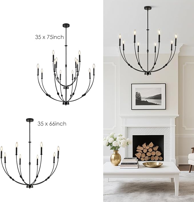Black Chandelier 35 inch, 8-Light Modern Farmhouse Chandeliers for High Ceiling, Industrial Pendant Light Fixture for Foyer Hallway Entryway, Bedroom, Living Room, Kitchen
