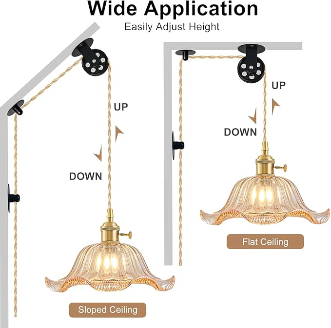 Plug in Pendant Light Vintage, Adjustable Pulley Hanging Lamp with Amber Lily Glass Shade, Brass Hanging Lights with Plug in Cord for Bedroom Kitchen, Compatible with Indoor Plant Grow Light Bulbs