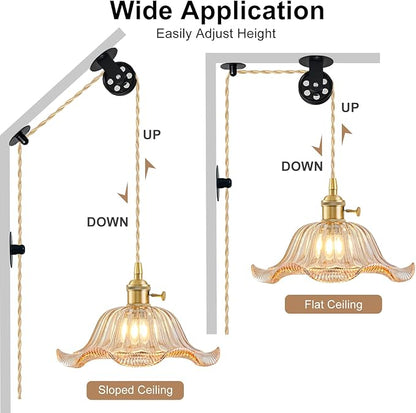 Plug in Pendant Light Vintage 2 Pack, Adjustable Pulley Hanging Lamp with Amber Lily Glass Shade, Brass Hanging Lights with Plug in Cord, Gold Hanging Pendant Light for Bedroom Living Room Kitchen