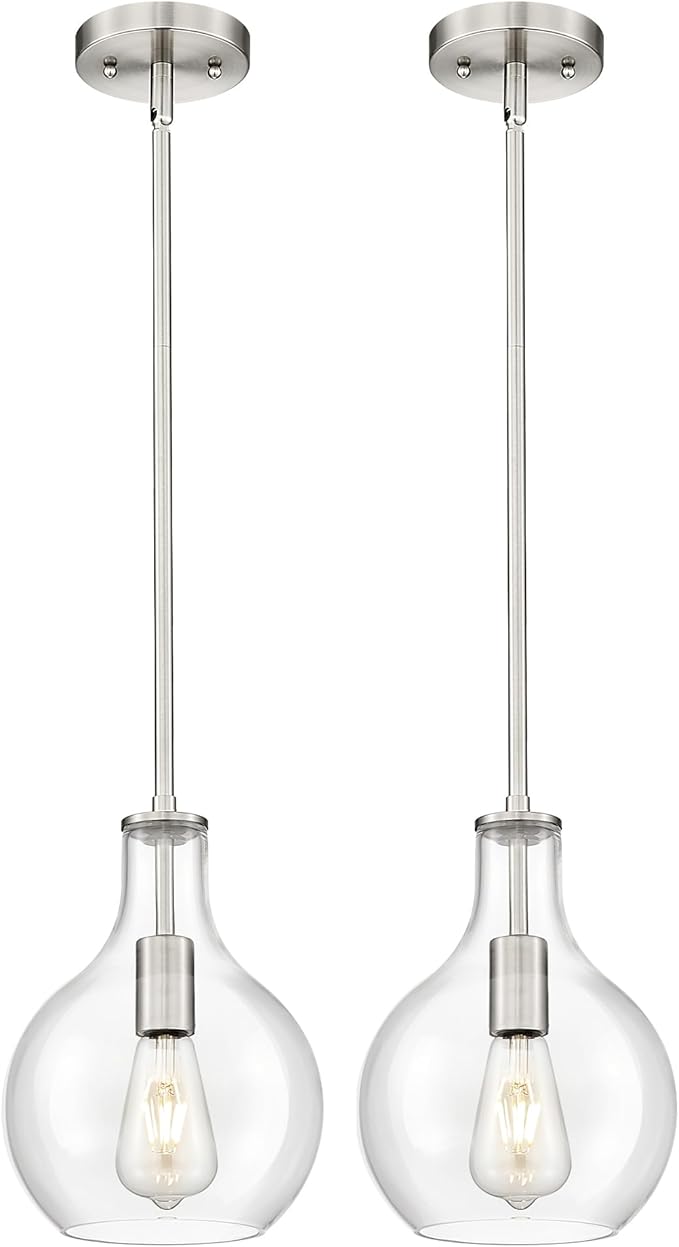 Emak 8 Inch Brushed Nickel Pendant Light, Modern Glass Pendant Lights Kitchen Island, 2 Pack Hanging Lights for Kitchen, Bathroom, Bedroom, Dining Room, PL125-BN-2PK
