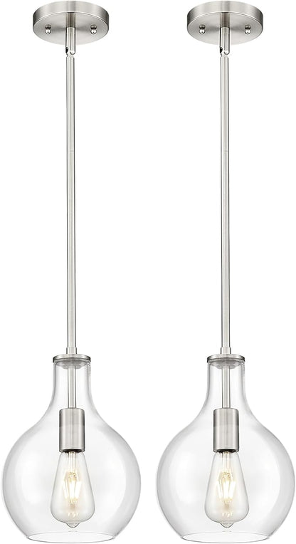 Emak 8 Inch Brushed Nickel Pendant Light, Modern Glass Pendant Lights Kitchen Island, 2 Pack Hanging Lights for Kitchen, Bathroom, Bedroom, Dining Room, PL125-BN-2PK