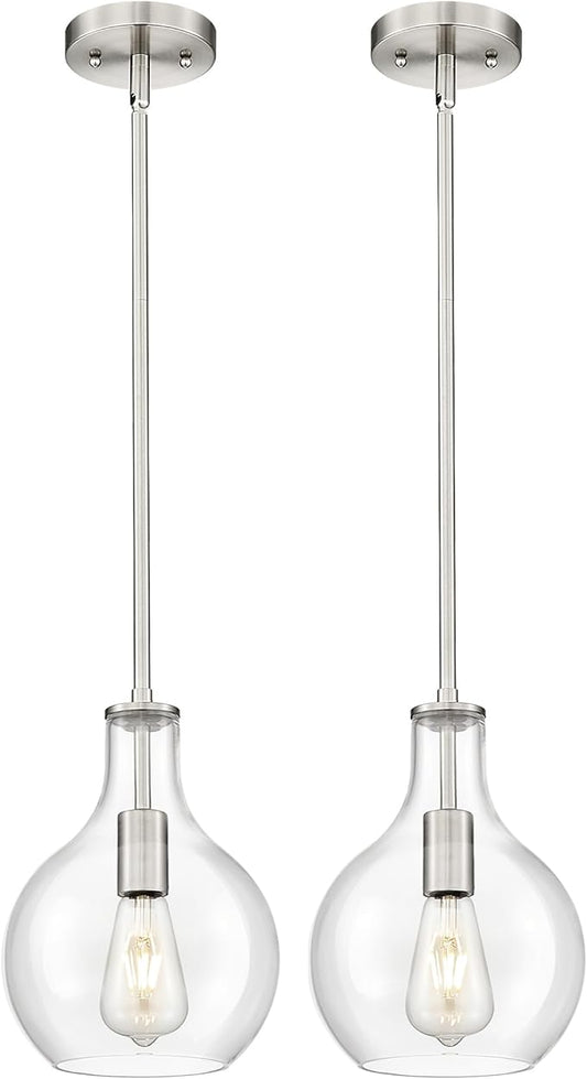 Emak 8 Inch Brushed Nickel Pendant Light, Modern Glass Pendant Lights Kitchen Island, 2 Pack Hanging Lights for Kitchen, Bathroom, Bedroom, Dining Room, PL125-BN-2PK