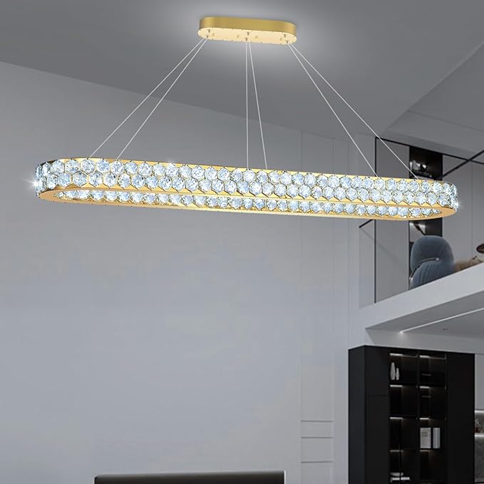 59'' Modern Oval Chandelier Crystal Chandeliers for Dining Room Round Ceiling Light Fixture for Living Room Lighting LED Dimmable with Remote Ring Lights Gold