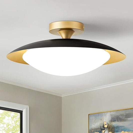 Dimmable Modern Mid-Century Ceiling Light, Black and Gold LED Semi Flush Mount Ceiling Light, 5CCT 2700K-6000K Lighting Fixture Ceiling Lamp with Glass Shade for Bedroom Kitchen Living Room, 15.7in