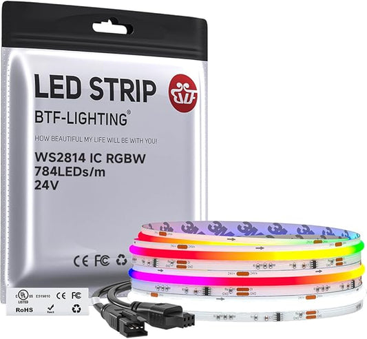 BTF-LIGHTING FCOB COB LED Strip Light, WS2814 Smart IC RGBW 6000K Color Chasing Light, UL Listed DC24V 9.8FT 784LEDs/m High Density 10mm Width for Home Party DIY Decor(No Adapter or Controller)