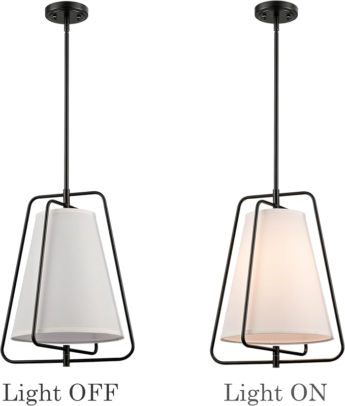 HYDELITE Vintage Black Pendant Light with 15" Off-White Linen Fabric Shade Adjustable Height Chandelier with Metal Frame for Kitchen Island Bedroom Dining Room Living Room
