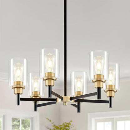6-Light Modern Chandeliers, Black and Gold Chandelier Light Fixture with Clear Glass Shades, Hanging Pendant Lighting for Dining Room, Living Room, Kitchen, Staircase, Entryway