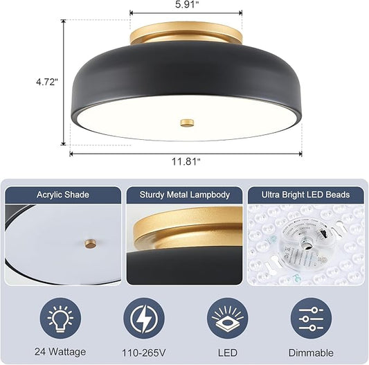 Dimmable LED Ceiling Light, Black and Gold Light Fixture, Mid-Century Semi Flush Mount Ceiling Light 5CCT 2700K-6000K Ceiling Lamp for Laundry Room Kitchen, Bedroom, Hallway(11.8in)