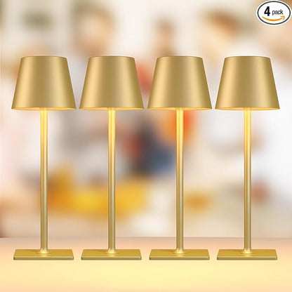 4 Pack Gold Cordless Table Lamp: 6000mAh Battery Operated Touch Lamp Outdoor Table Lights, 3 Color Stepless Dimming, Waterproof Wireless Portable Desk Lamp for Indoor Table Living Room Camping Cafe