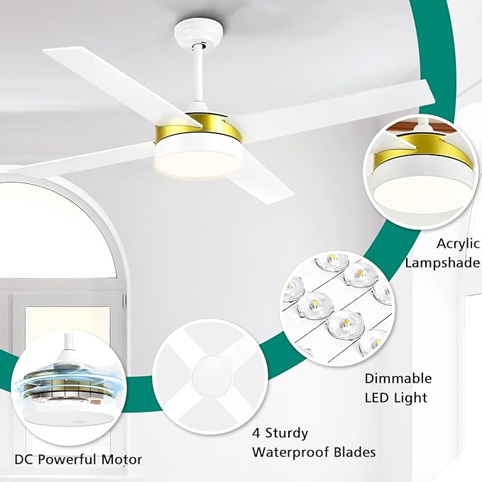 YITAHOME 52 Inch White Gold Ceiling Fans with Light and Remote, Dimmable Fan for Indoor, Modern Wood LED Fan with Quiet Reversible Motor, Memory Function, for Bedroom, Living Room