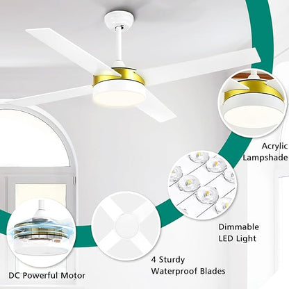 YITAHOME 52 Inch White Gold Ceiling Fans with Light and Remote, Dimmable Fan for Indoor, Modern Wood LED Fan with Quiet Reversible Motor, Memory Function, for Bedroom, Living Room