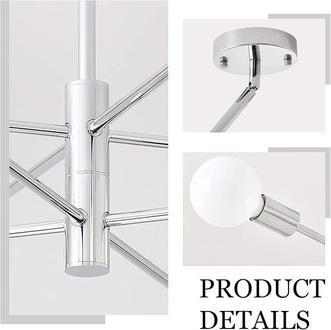 HHR Modern Sputnik Light Fixture, 8-Light Chrome Mid Century Ceiling Chandelier, Height Adjustable Farmhouse Chandeliers for Living Dining Room Kitchen Island Over Table
