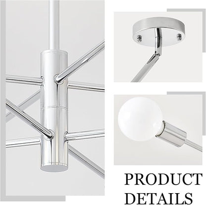 HHR Modern Sputnik Light Fixture, 8-Light Chrome Mid Century Ceiling Chandelier, Height Adjustable Farmhouse Chandeliers for Living Dining Room Kitchen Island Over Table