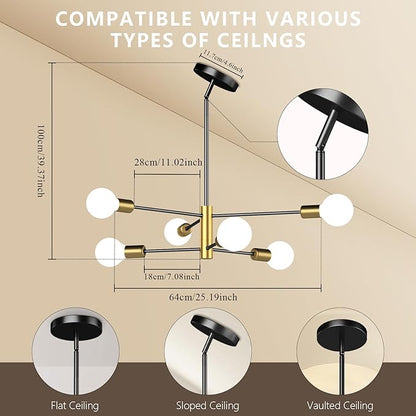 6-Light Black and Gold Mid Century Ceiling Chandelier Height Adjustable for Living Room, Kitchen, Dining Room, Bedroom,Foyer (Bulbs Not Included)
