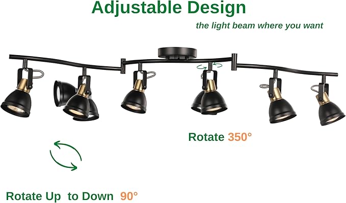 6 Light Foldable Track Lighting Kit,Matt Black Brass Finish Adjustable with Moden Ceiling Flush Mount Spotlight for Kitchen,Dining,Living Room,Home Improvement