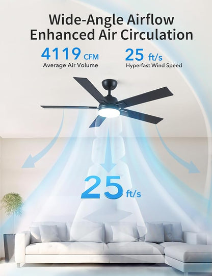 Rayqueen 52 Inch Ceiling Fans with Lights and Remote, 6 Speed Reversible DC Motor, 3CCT Dimmable LED, Black Modern Ceiling Fan for Bedroom, Living room & Covered Outdoor,Includes Downrod