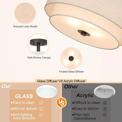 XiNBEi Lighting Drum Semi Flush Light, 3 Light Semi Flush Mount Ceiling Light Fixture with Fabric Shade Modern Close to Ceiling Light for Bedroom & Living Room Dark Bronze Finish XB-SF1289-DB