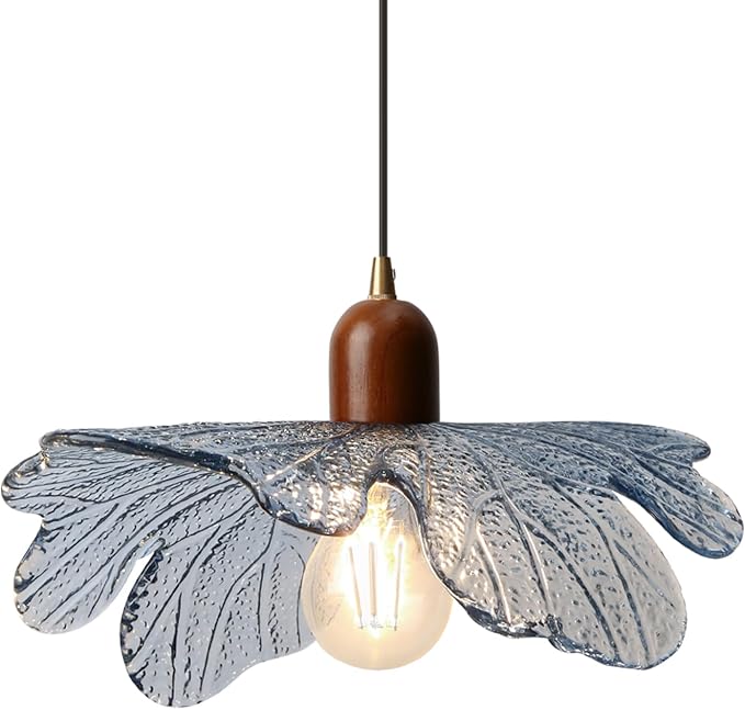 Mid Century Blue Glass Hanging Light Solid Wood Pendant Light Kitchen Island Flower Chandelier Adjustable Hanging Light for Kitchen Island Dining Room Hallway