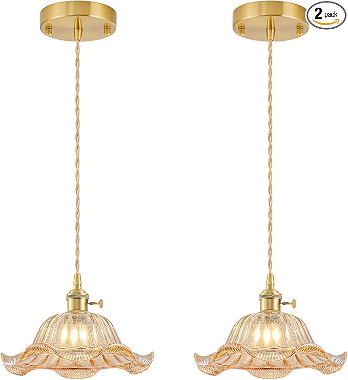 Vintage Pendant Lights Kitchen Island 2 Pack, Adjustable Pendant Light Fixtures with Amber Lily Glass Lampshade, Gold Kitchen Pendant Lighting Over Island, Pendant Light for Dining Room Hallway