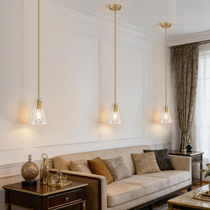 Dijiahua Gold Pendant Lights Kitchen Island 3 Pack, Modern Hanging Island Pendant Lights Over Sink with Clear Glass Shade,Small Chandeliers Adjustable Metal Tube Hanging Lighting for Table Bedroom
