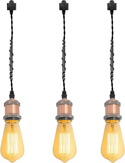 Kiven H-Type Track Lighting Pendants,Vintage Track Lighting Heads Adjustable Height, 3 Light Decorative h Track Pendant Lights, Bulb Not Included,Copper Red Finish