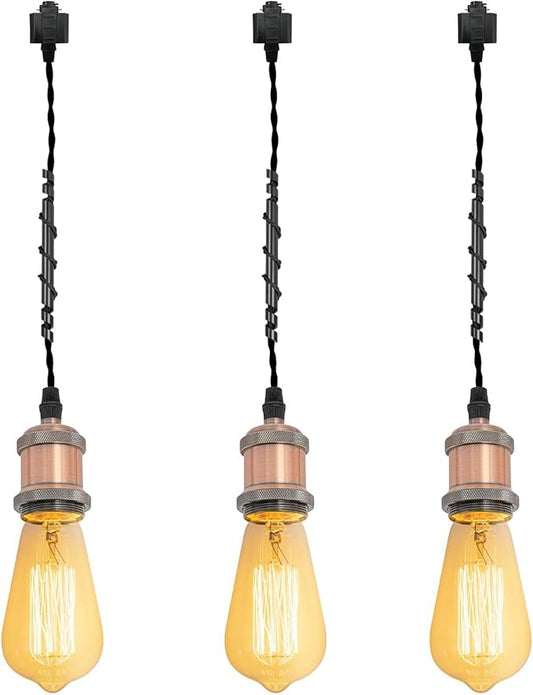Kiven H-Type Track Lighting Pendants,Vintage Track Lighting Heads Adjustable Height, 3 Light Decorative h Track Pendant Lights, Bulb Not Included,Copper Red Finish