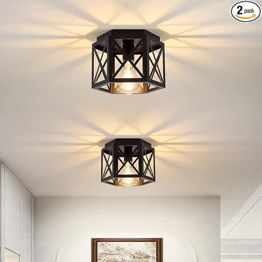 XSDeTu 2 Pack Flush Mount Ceiling Light, 1-Light Black Light Fixtures Ceiling Mount, Small Flush Mount Lamp with Hexagonal Metal Cage, Farmhouse Chandeliers for Hallway Kitchen Sink Entryway Foyer