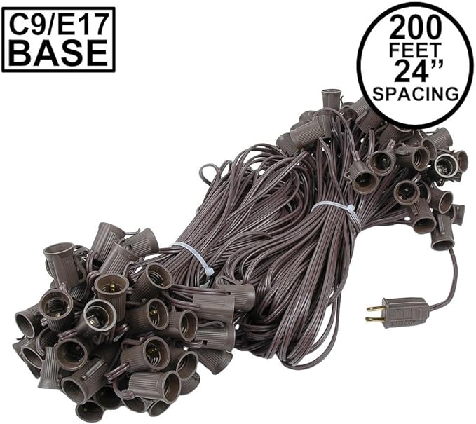 Novelty Lights 200 Foot C9 Outdoor String Light Christmas Stringer - Patio String Lights - Intermediate Base (C9/E17) - 24" Spacing - Brown Wire
