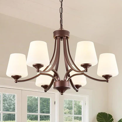 Oil-Rubbed Bronze Farmhouse Chandelier for Dining Room Hanging Lighting Fixtures 6-Light Chandelier with Frosted Glass Shade, Rustic Pendant Light for Kitchen Island Adjustable Height 47.2’’