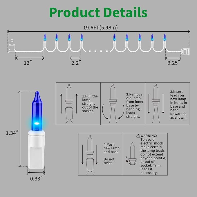LAMPHOME Blue Christmas Lights Set 100 Count 19.6 Feet Incandescent Bulb Mini String Lights for Indoor Christmas Tree Garland Birthday Wedding Party Festival Decoration, White Wire