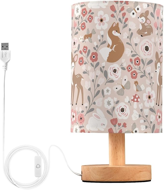 Bedside Table Lamp Cute Animals Flowers Nightstand Lamp with Wood Fox Deer Rabbit Birds Butterfly Desk Lamps for Bedroom Living Room Nursery Office Home Decor