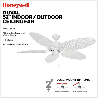Honeywell Ceiling Fans Duval 52 Inch Ceiling Fan, Quick 2 Hang Indoor/Outdoor Ceiling Fan with Pull Chain, Dual Mount 5 Blade Tropical Design, ETL Damp Rated, White (50206-01)