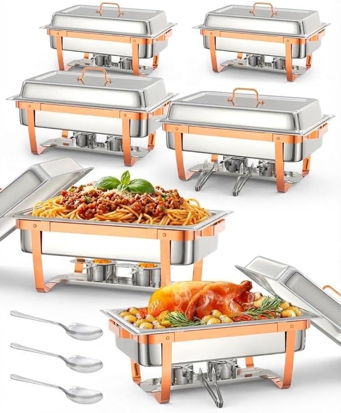 6 Pack Chafing Dishes for Buffet, Stainless Steel Catering Chafer with Lids, Pans & Fuel Holder, 8QT Food Warmers for Parties Buffet, Buffet Servers and Warmers for Parties, Events, Weddings,Rose Gold